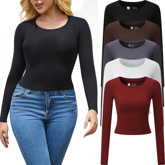FMNNNN 5 Pack Womens Activewear T Shirts Long Sleeve Crop Tops Crew Neck Ribbed Cotton Workout Fall Winter Apparel Soft Ladies Tees Moisture Wicking Fitted Casual Stretchy Basic Running Clothing